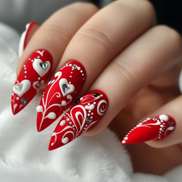 Elegant Red Nail Design with Intricate White Swirls, Heart Motifs, and Rhinestones