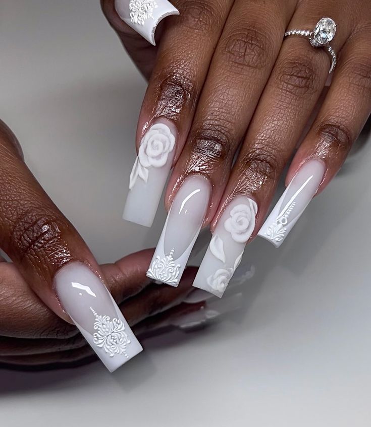 Sophisticated White Floral Nail Design with Elegant Raised Roses