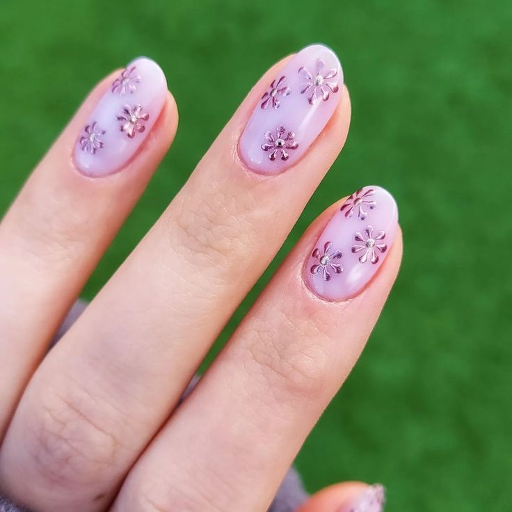 Charming Matte Lavender Nails with Metallic Floral Accents for Spring/Summer Elegance.