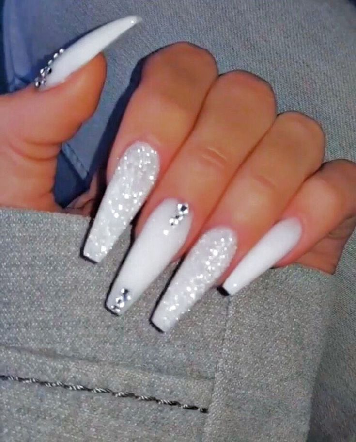 Chic Long White Nails with Matte-Glitter Mix and Rhinestone Accents for Special Occasions