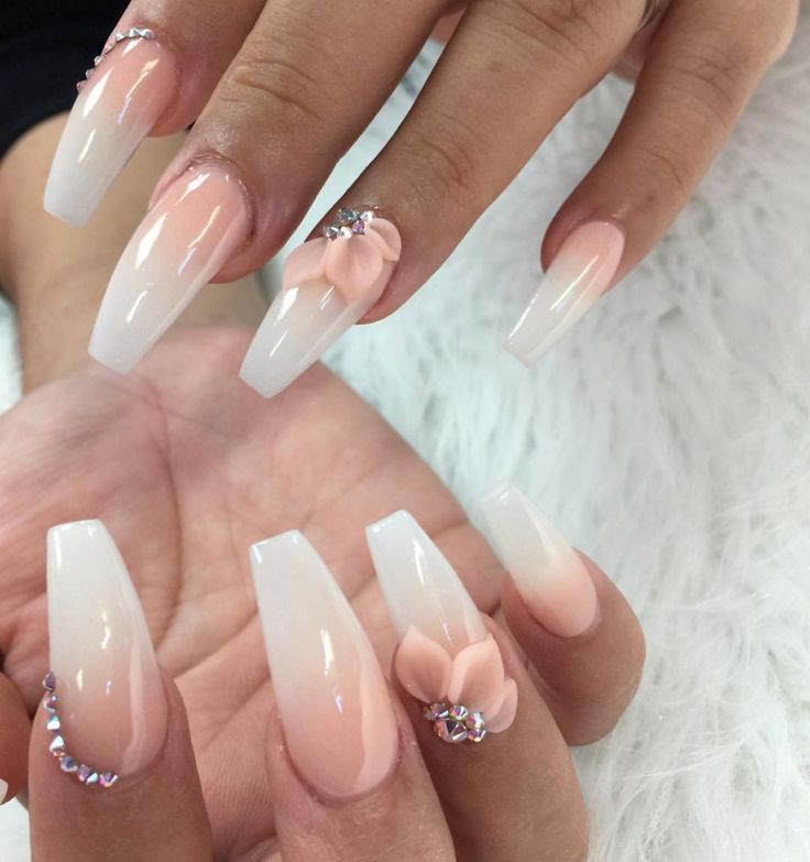 Sophisticated Ombre Nails with Floral Accents and Gemstones for Glamorous Occasions