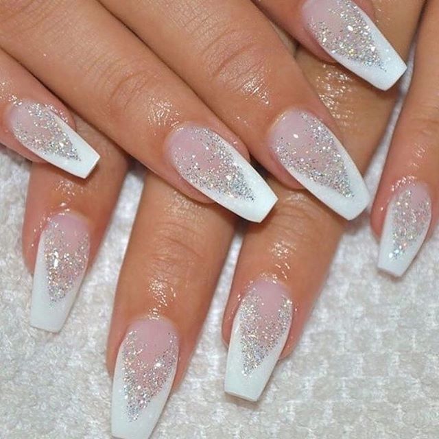 Sophisticated Nail Design with White Tips and Diagonal Glitter Accent on Long Square Nails