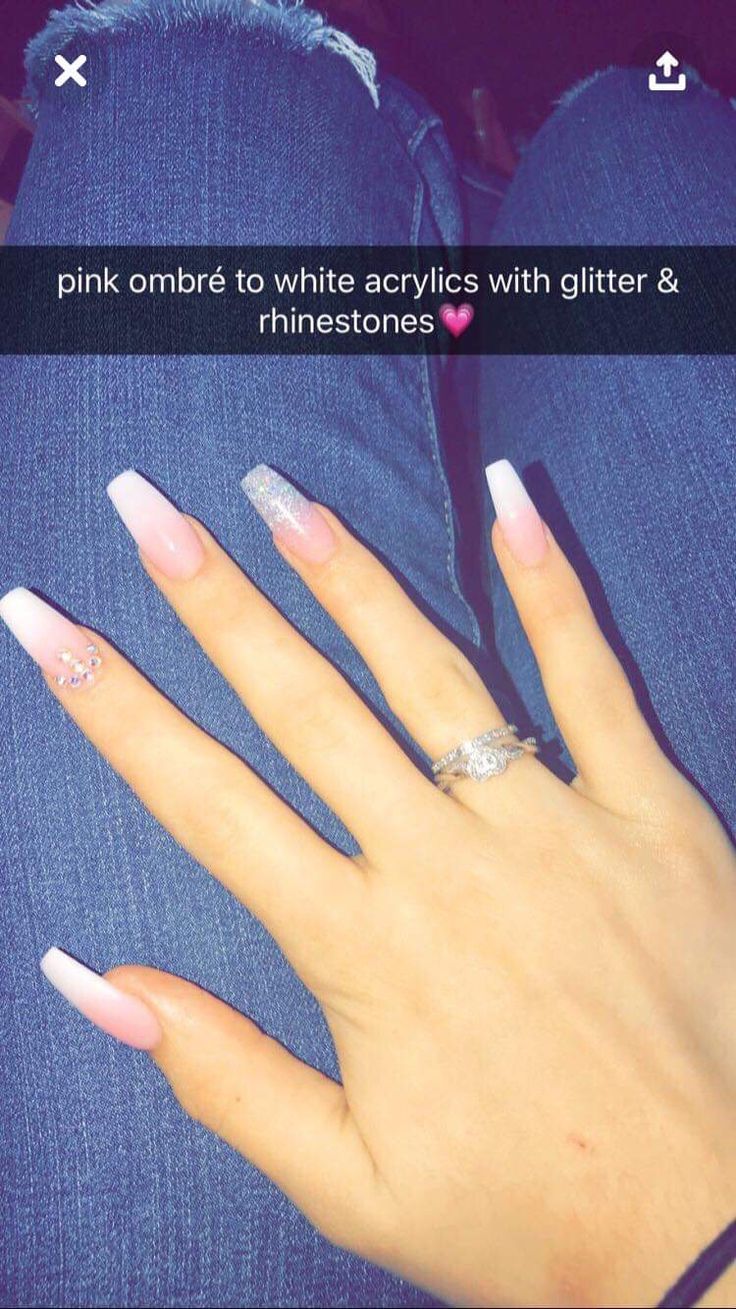 Elegant Pink Ombre Acrylic Nails with Glitter and Rhinestone Accents