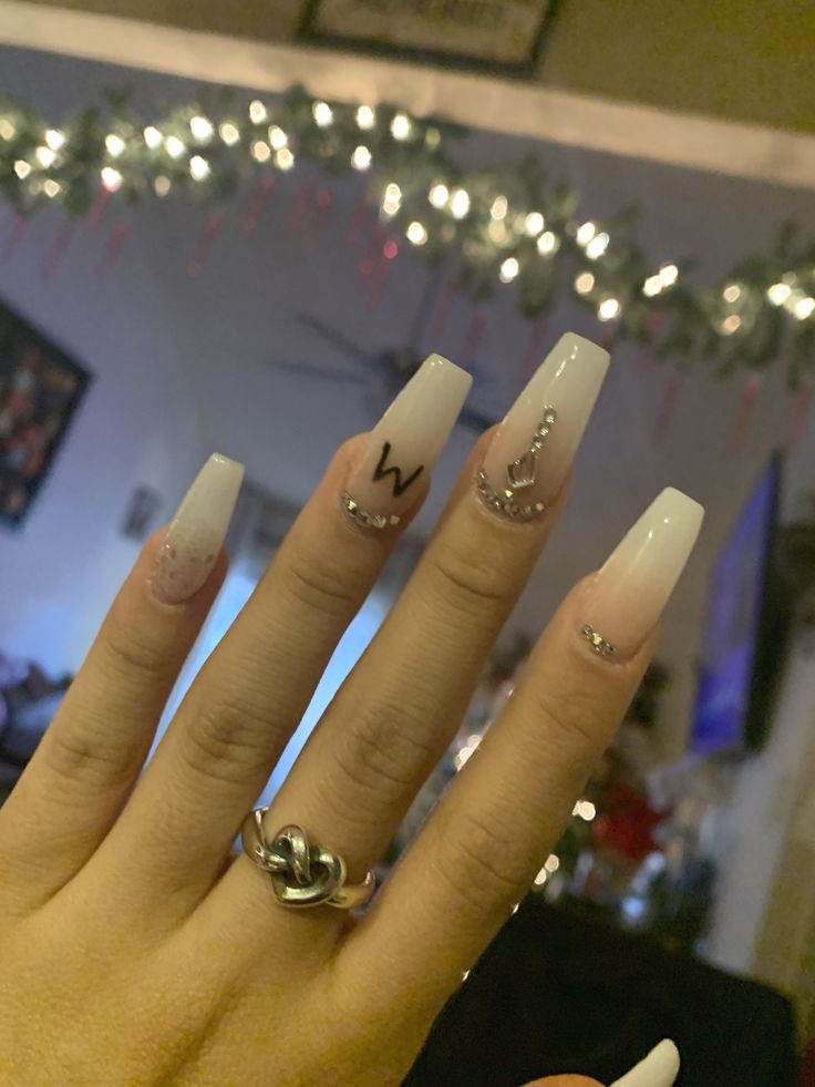 Elegant Ombre Acrylic Nails with Personalized Silver Accents