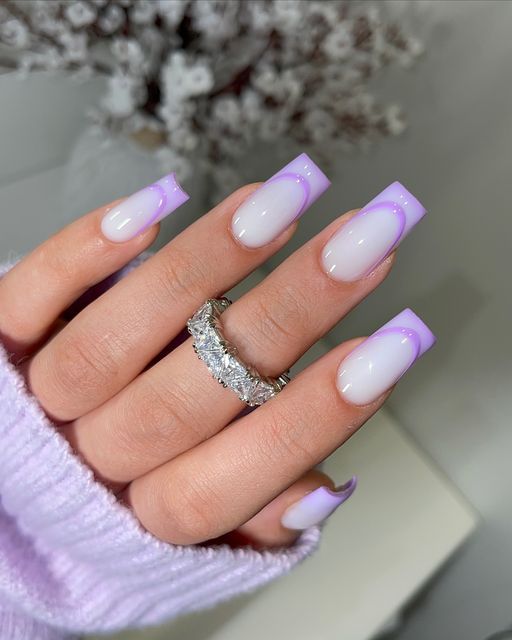 Chic Modern Nail Design: Soft Ombre with Light Purple Tips and Glossy Finish