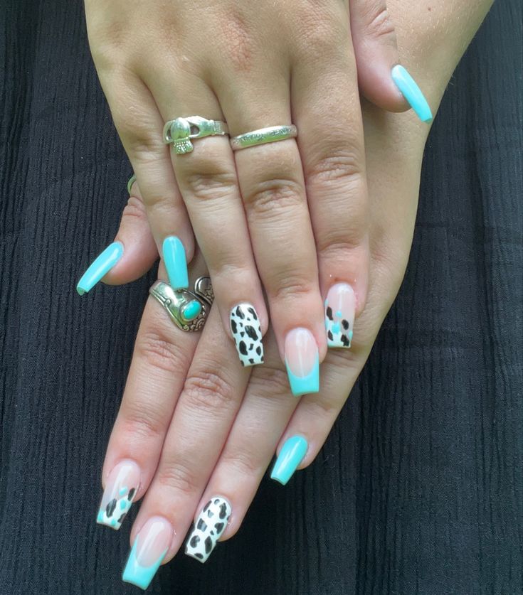 Vibrant Mint Green Summer Nail Design with Clear Tips and Animal Print Accents.