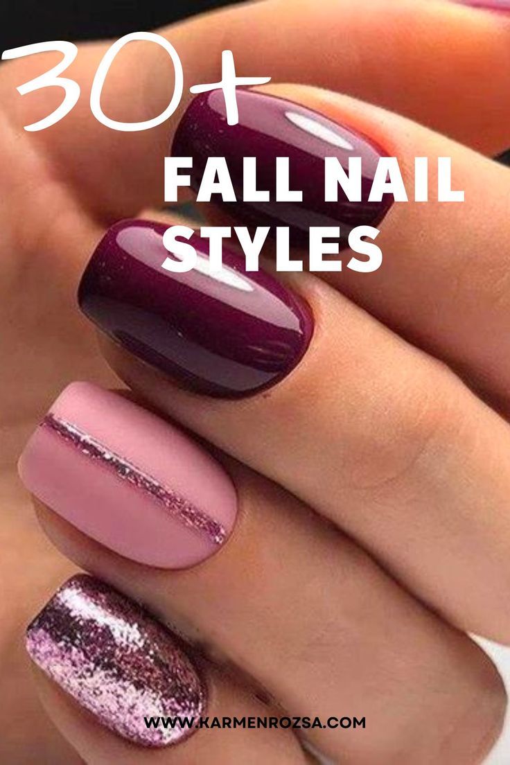 Chic Autumn Nail Designs: Deep Purples, Soft Pinks, and Glamorous Glitter Accents.