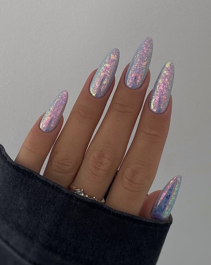 Elegant Iridescent Holographic Almond-Shaped Nails