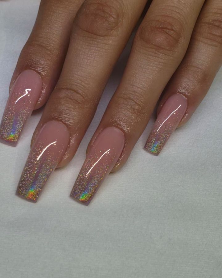 Elegant Nail Design: Soft Nude and Holographic Glitter Gradient for Any Occasion