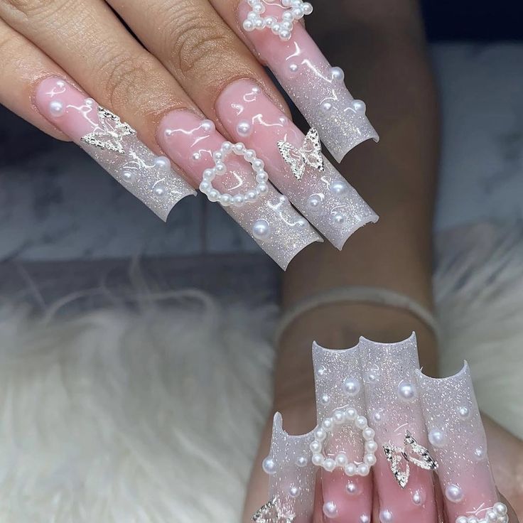 Luxurious Ombre Long Nails with Pearl and Butterfly Accents