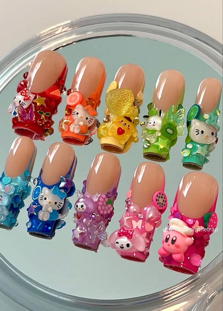 Whimsical 3D Nail Designs Featuring Unique Characters and Vibrant Motifs.