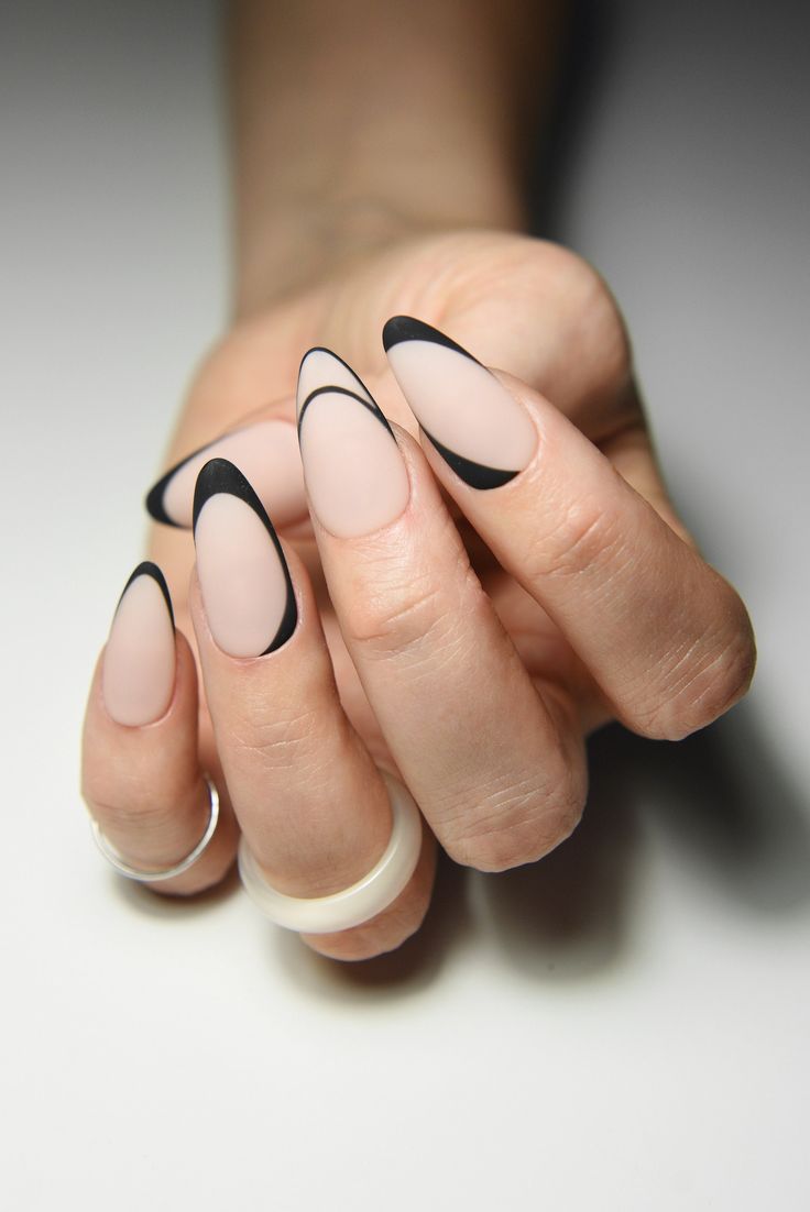 Elegant Chic Matte Nails with Unique Black French Tips