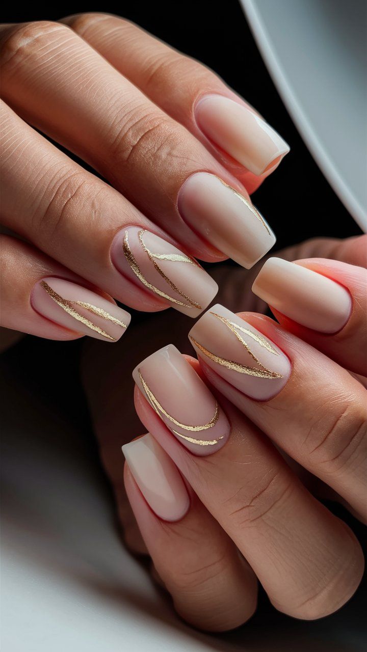 Sophisticated Matte Nude Nail Design with Delicate Gold Accents