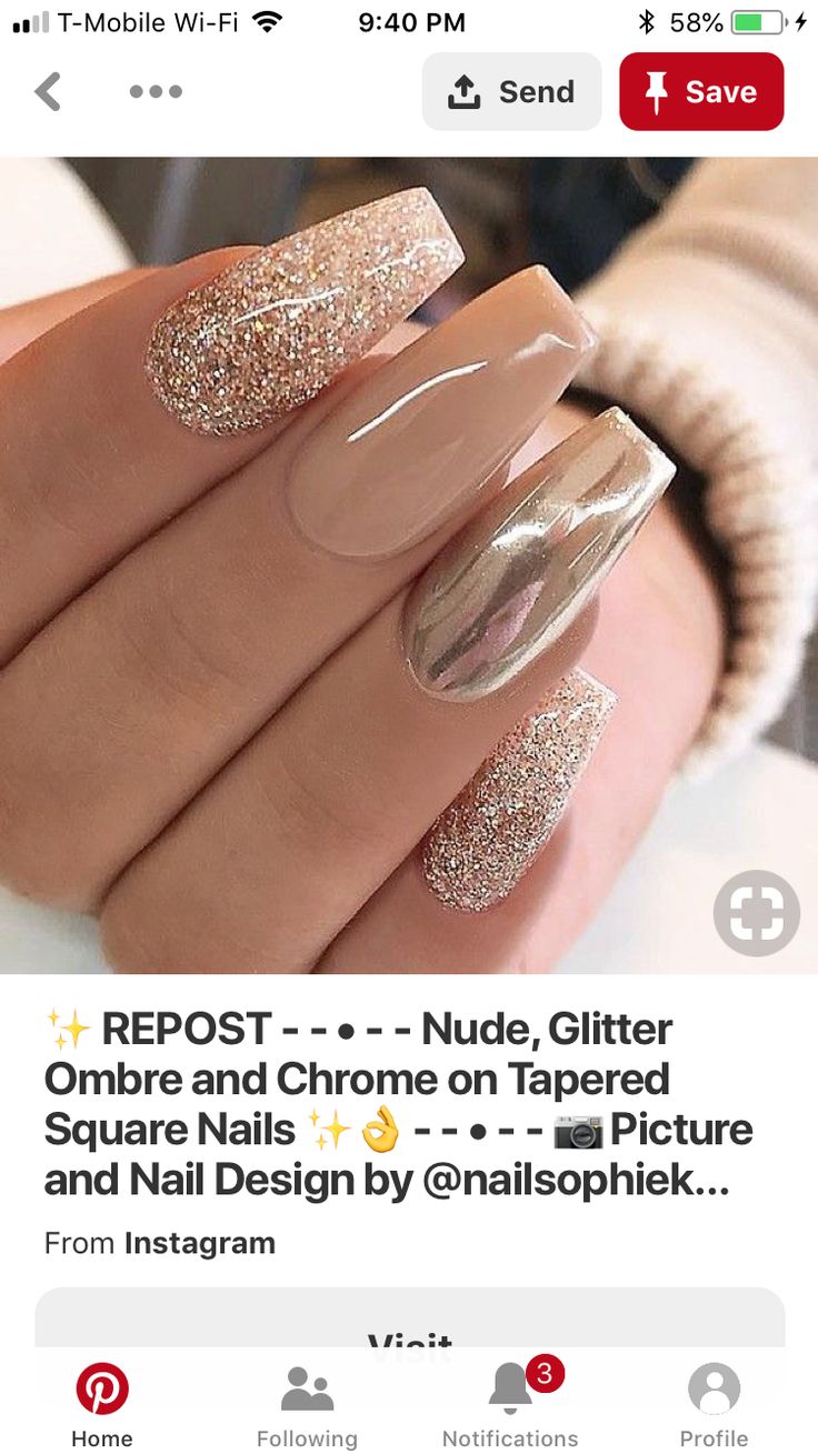 Elegant Ombre Nail Design with Nude, Glitter, and Chrome Finishes.