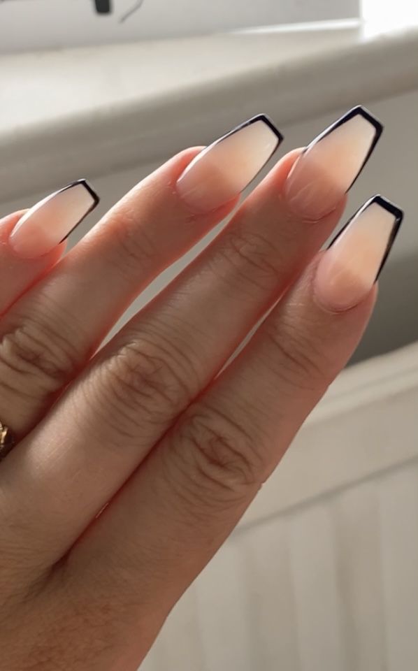 Chic Gradient Nude Nail Design with Sleek Black Tips: Modern Elegance for Any Occasion