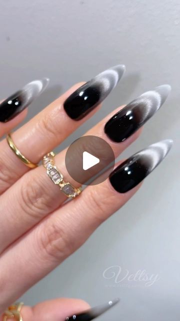 Bold Black and Grey Ombre Nail Design with Elongated Shape and Elegant Accents.