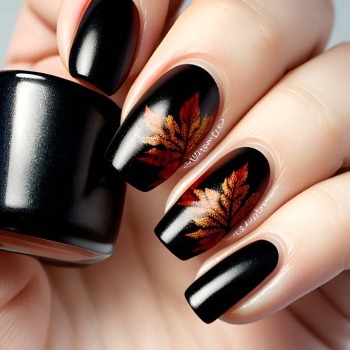 Chic Black Nail Design with Intricate Autumn Leaf Patterns for a Seasonal Touch.