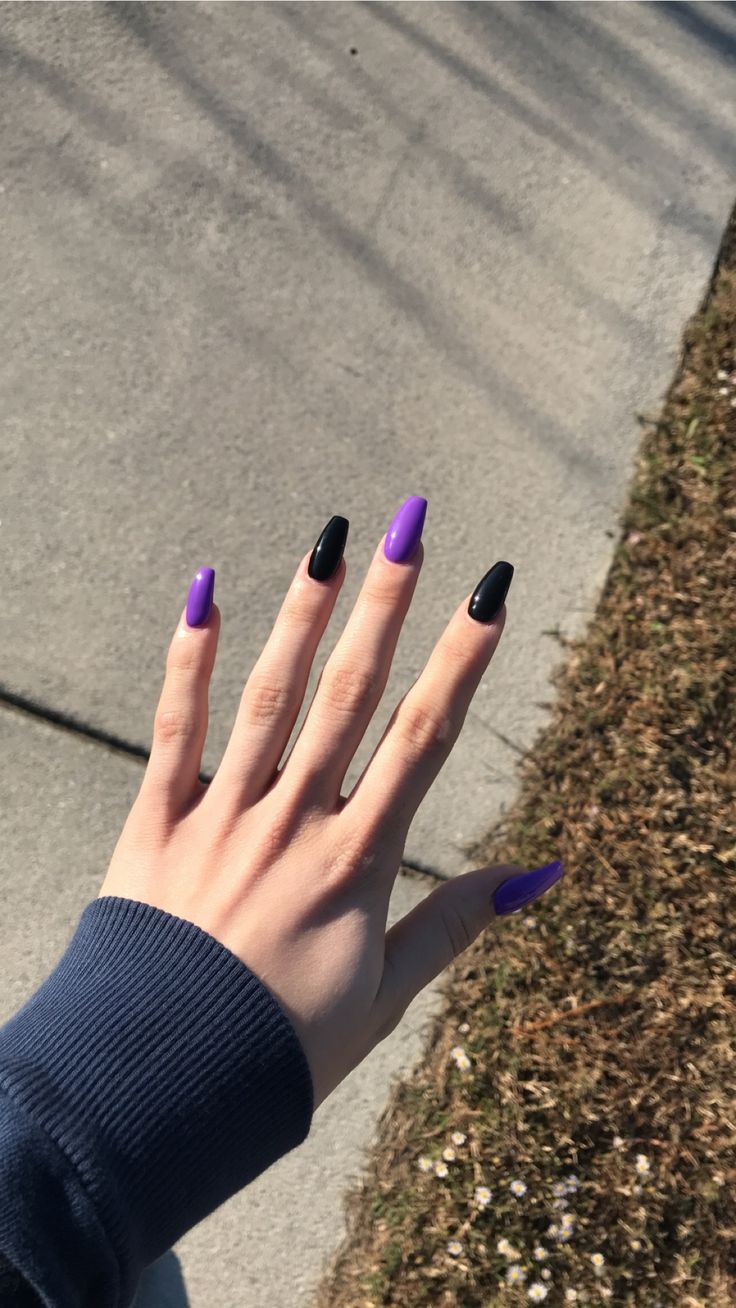 Bold Stiletto Nail Design: Striking Purple and Glossy Black Contrast.