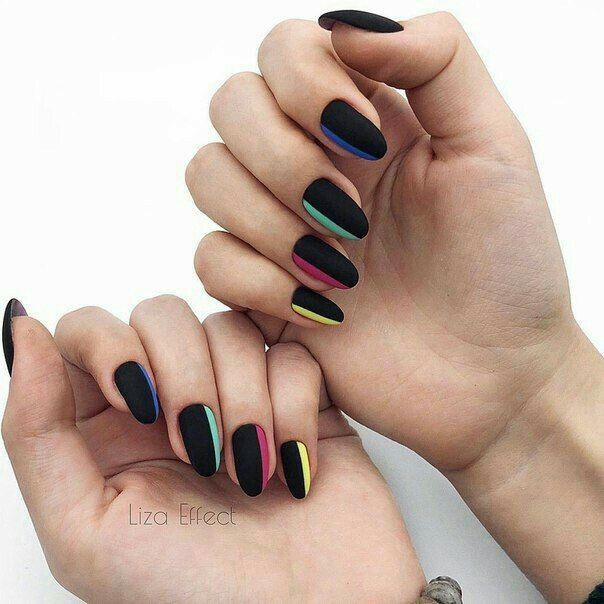 Chic Matte Black Nails with Playful Multicolored Accent Stripes