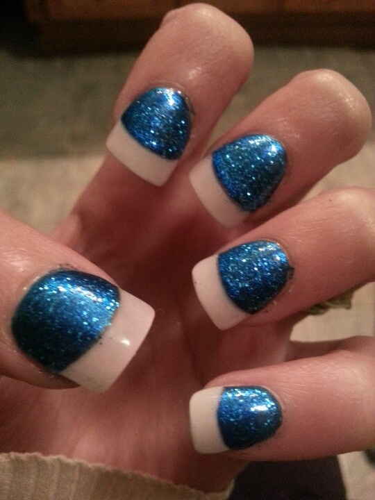 Glamorous Sparkling Blue Glitter Nails with Elegant White Tips for Stunning Contrast.