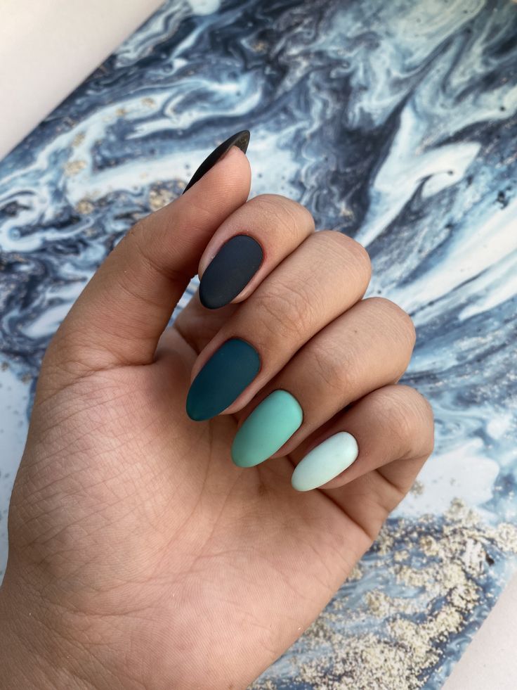 Sophisticated Matte Gradient Nail Design in Deep Teal and Mint Green.