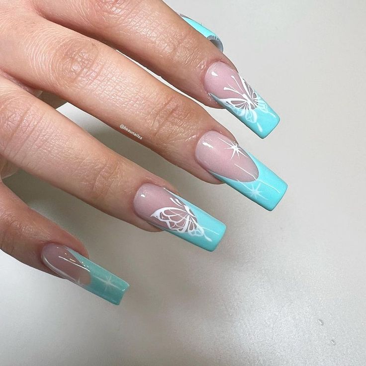 Whimsical Pastel and Bold Nail Design with Butterfly and Star Patterns.