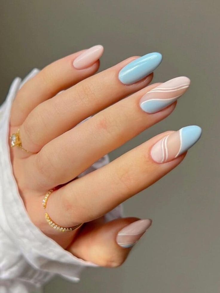 Sophisticated Almond-Shaped Pastel Nail Design with Delicate Waves.