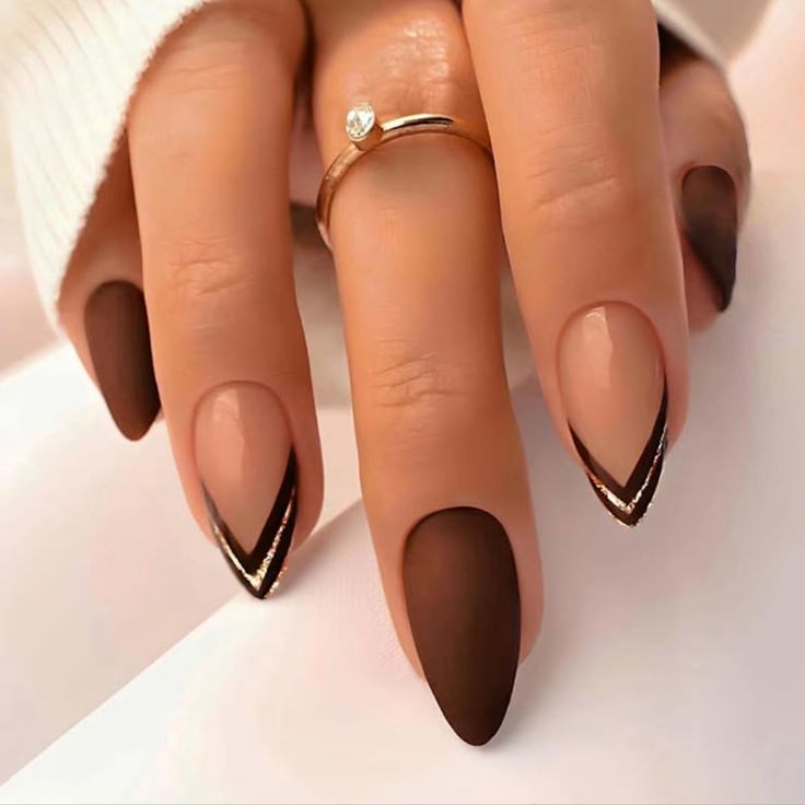 Elegant Matte Brown and Nude Nail Design with Gold Accents