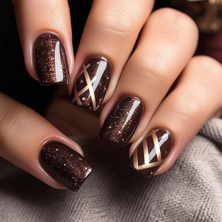 Chic Deep Brown Gradient Nail Design with Glitter and Gold Stripes