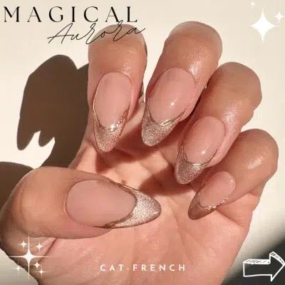 Chic Cat-Eye French Tip Nails with Shimmering Gold Accents