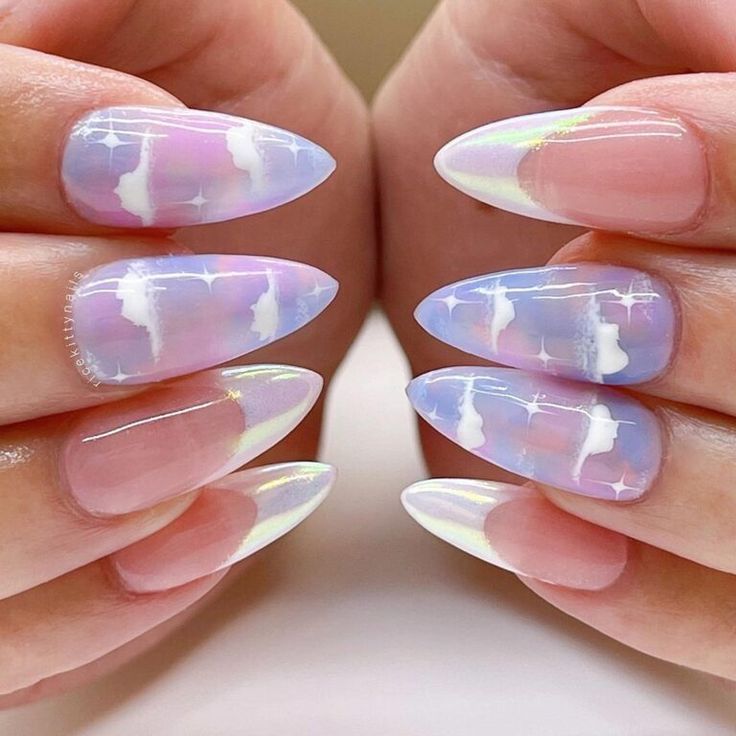 Whimsical Cloud-Inspired Nail Design with Iridescent Pastels and Elegant Shape.