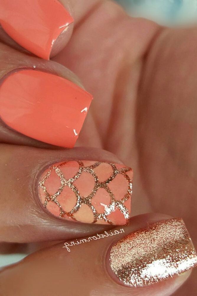 Vibrant Coral Nail Design: A Trendy Mix of Textures and Patterns with Glossy, Mesh, and Metallic Finishes.