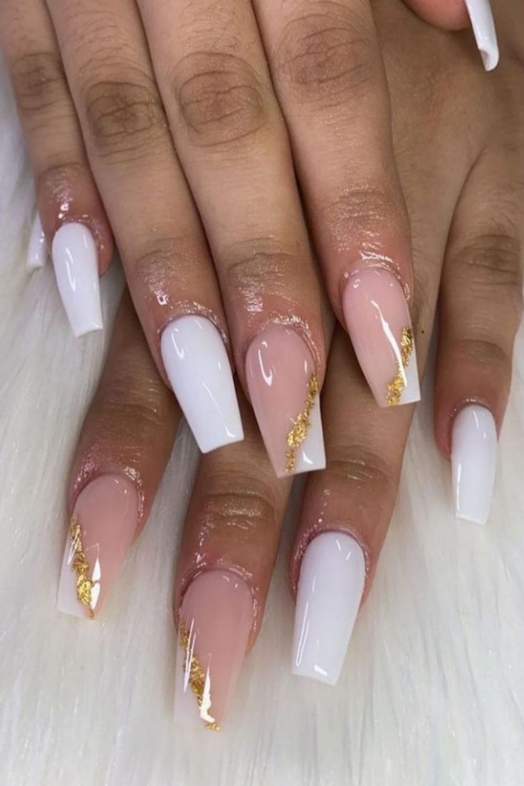 Chic Nude and White Nail Design with Gold Accents for Sophisticated Elegance.