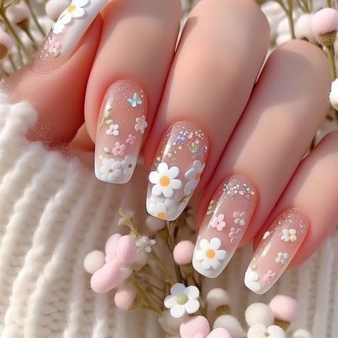 Whimsical Floral Nail Design with Daisies and Sparkling Accents for a Cheerful Spring Look.