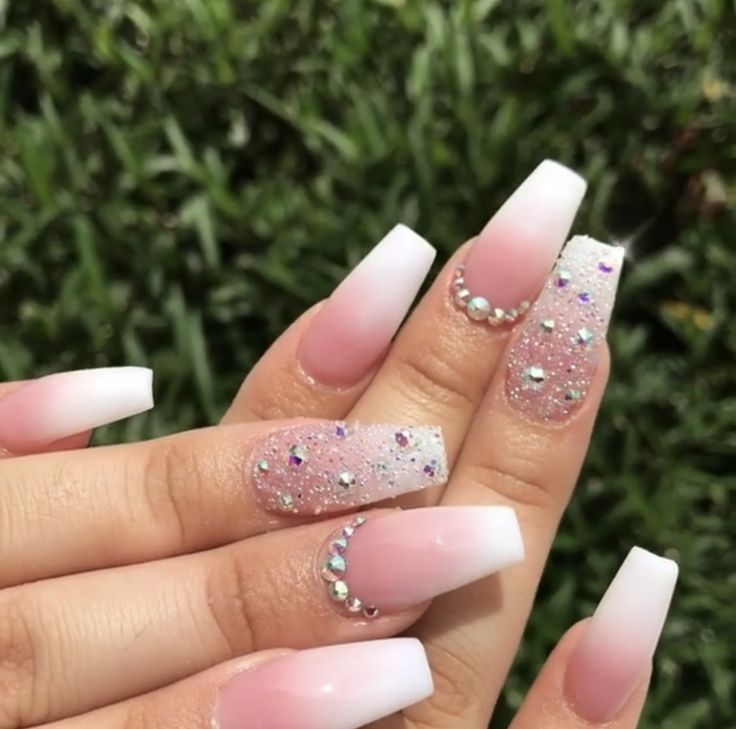 Chic Ombre Long Nails with Sparkling Glitter and Colorful Rhinestones.