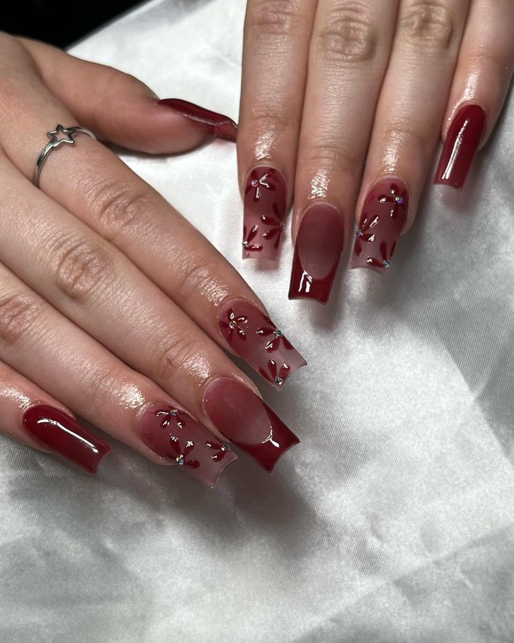 Dark Red Nails With Design Coffin