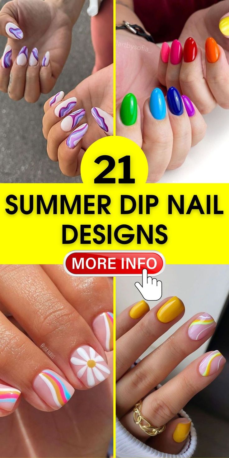 Playful and Whimsical Summer Dip Nail Designs in Vibrant Colors.