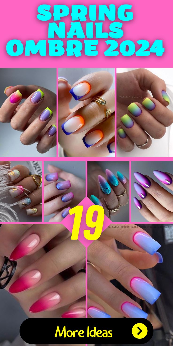 Vibrant Ombre Nail Designs for Spring 2024: A Blend of Colors and Unique Embellishments.