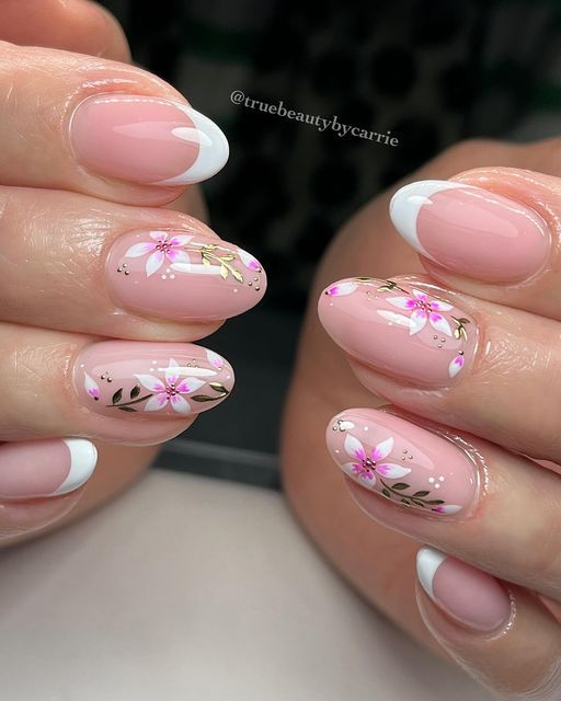 Delicate Floral Nail Art with Soft Pink and White Accents