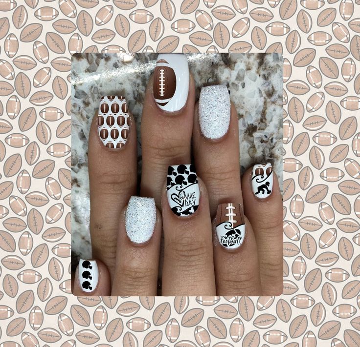 Playful Football-Inspired Nail Design with Sparkly Accents and Textured Patterns.