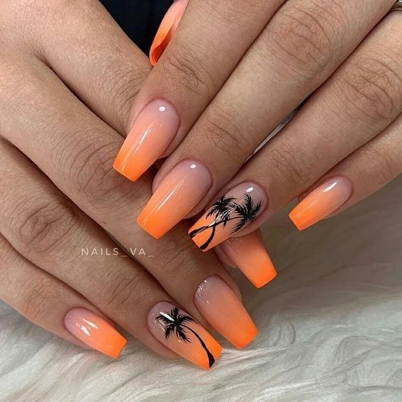 Vibrant Orange Ombre Nail Design with Tropical Palm Tree Art for a Chic Summer Look