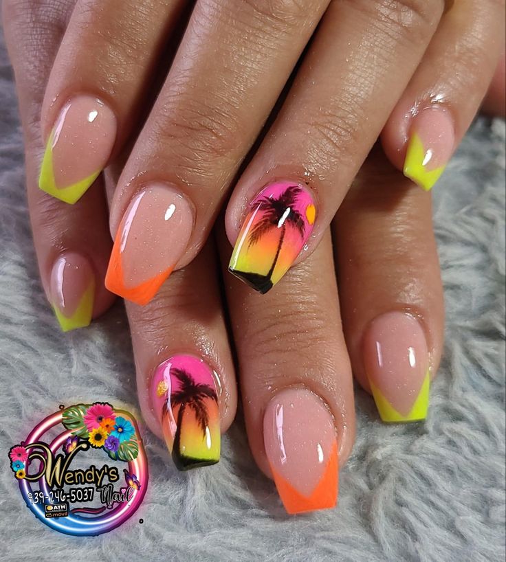 Tropical Neon Gradient Nail Art for a Cheerful Summer Look.