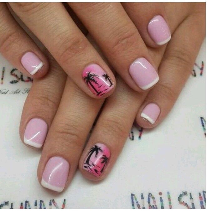 Tropical Chic Nail Design: Soft Pink Base with Elegant White Tips and Artistic Palm Tree Silhouettes.