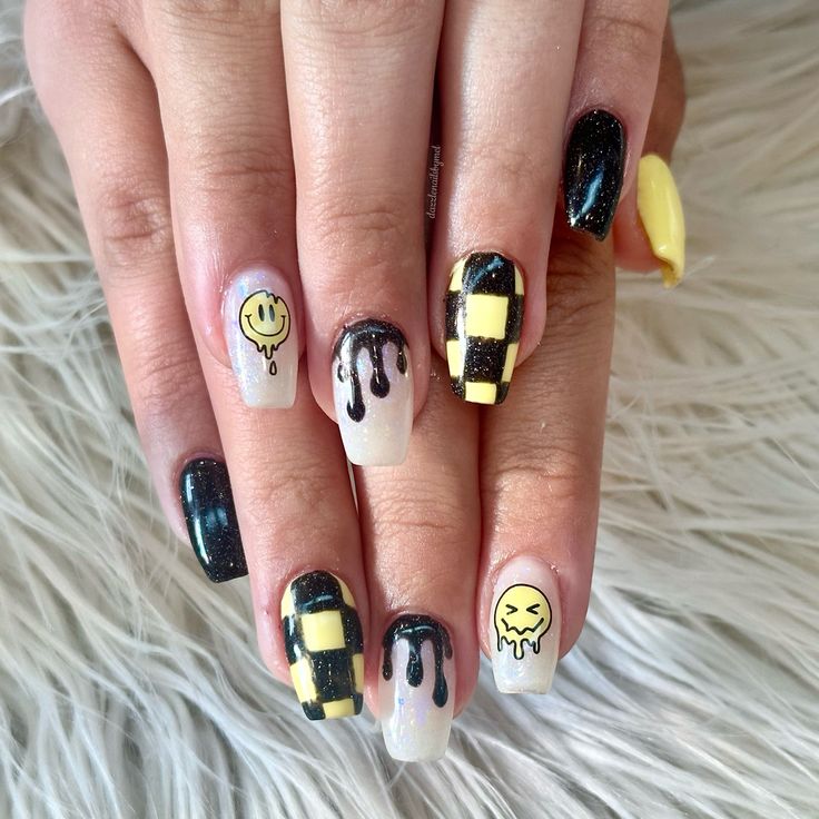 Vibrant Eclectic Nail Design: Playful Themes with Bold Patterns and Whimsical Accents.