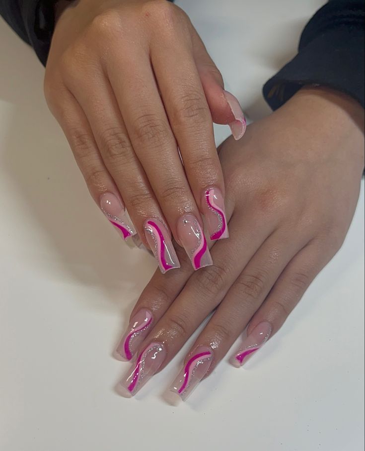 Elegant Elongated Square Nail Design with Glossy Nude Base and Pink Wave Accents