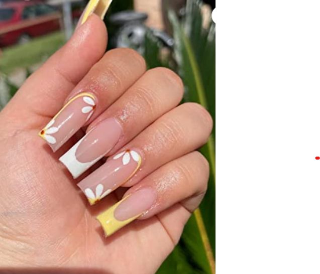 Elegant Spring Nail Design: Soft Nude and Bright Yellow with Floral Accents