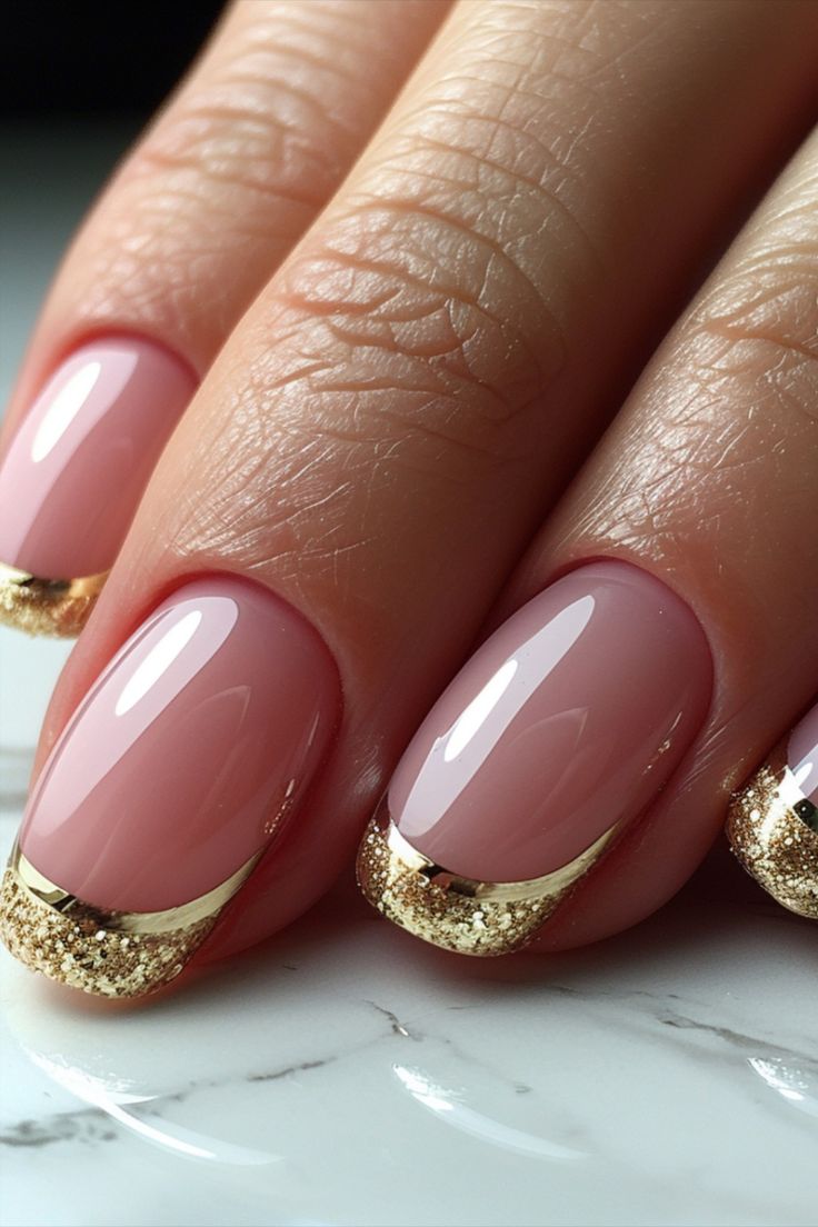 Chic Soft Pink Nail Design with Gold Glitter Tips for a Sophisticated Look.