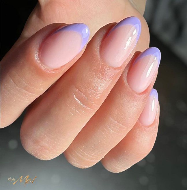 Elegant Almond-Shaped Nails with Translucent Pink and Lavender Tips