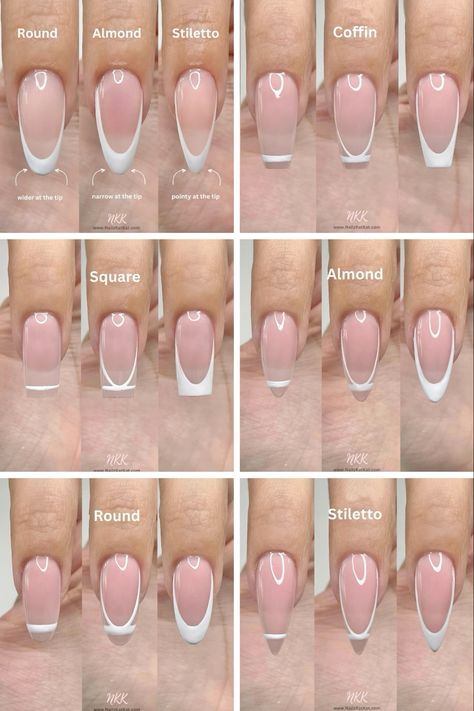 Showcasing Versatile Nail Shapes: Round, Almond, Stiletto, Coffin, and Square with Elegant White Tips on Nude Base.