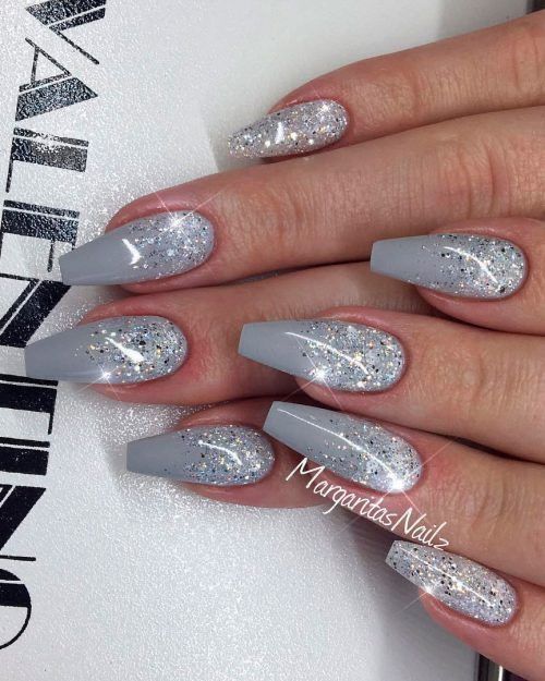 Chic Gradient Gray-to-Silver Glitter Nail Design for Glamorous Elegance.